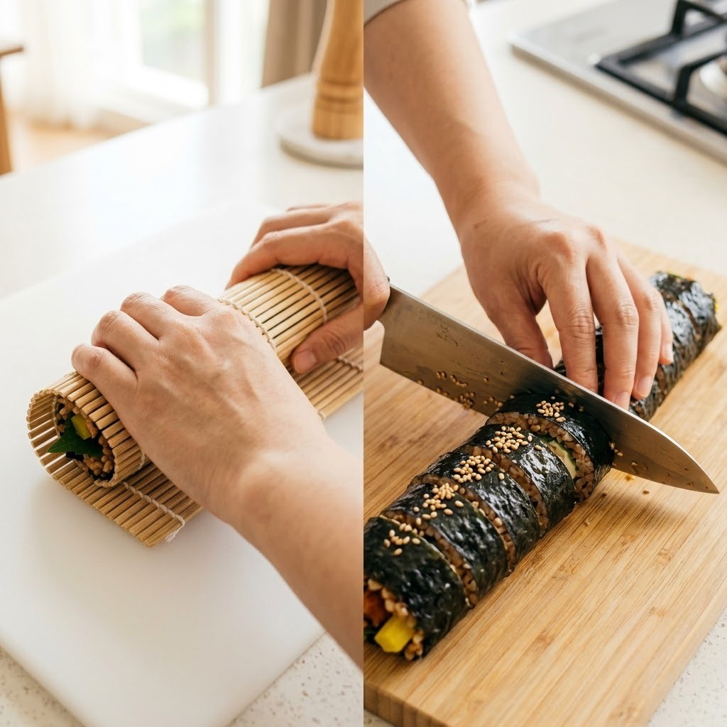 지코 김밥 단단하게 말아 썰기 및 통깨 뿌리기 완성, 4단계