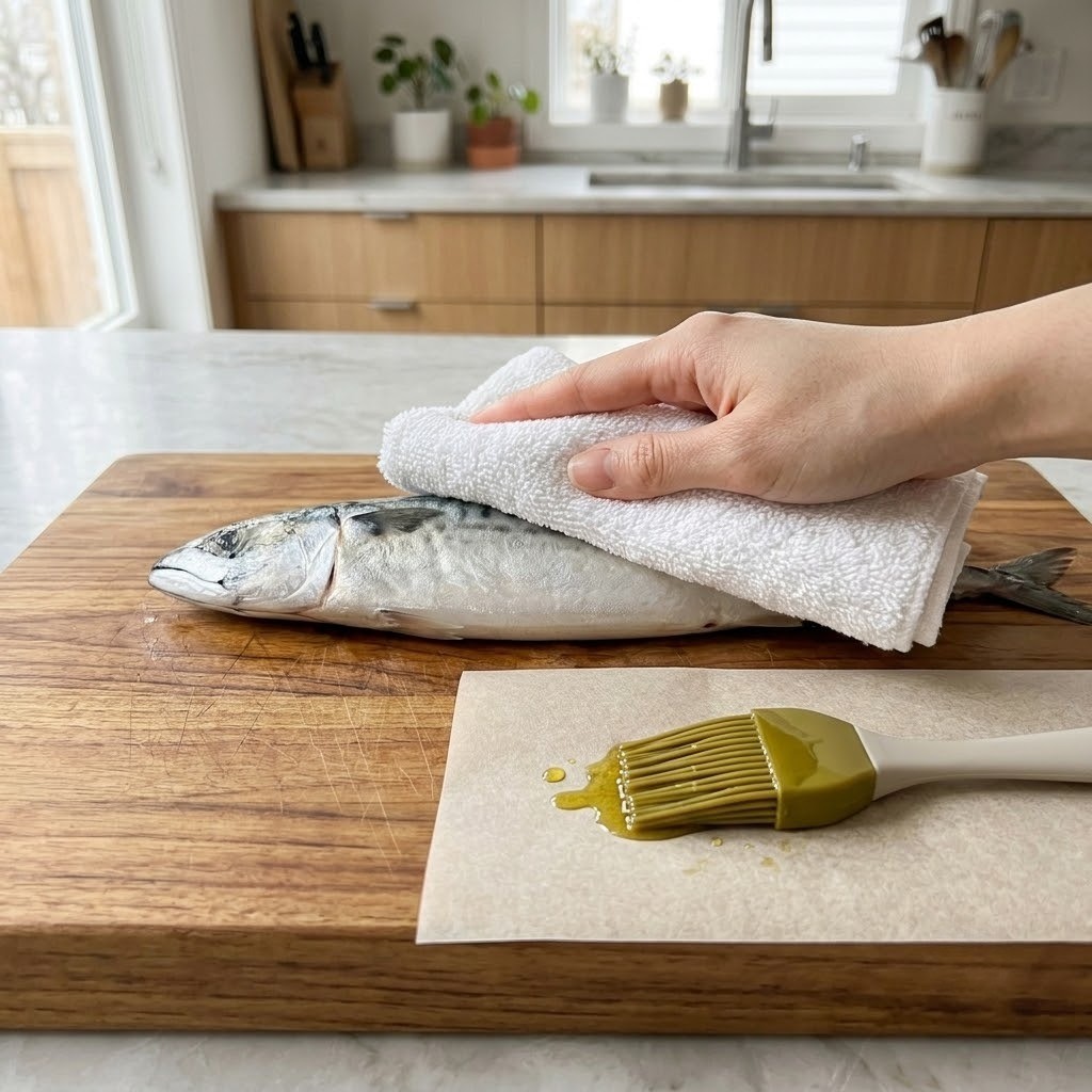 키친타월로 물기를 닦고 아보카도유 바른 종이 포일로 감싸는 임연수어 손질 단계
