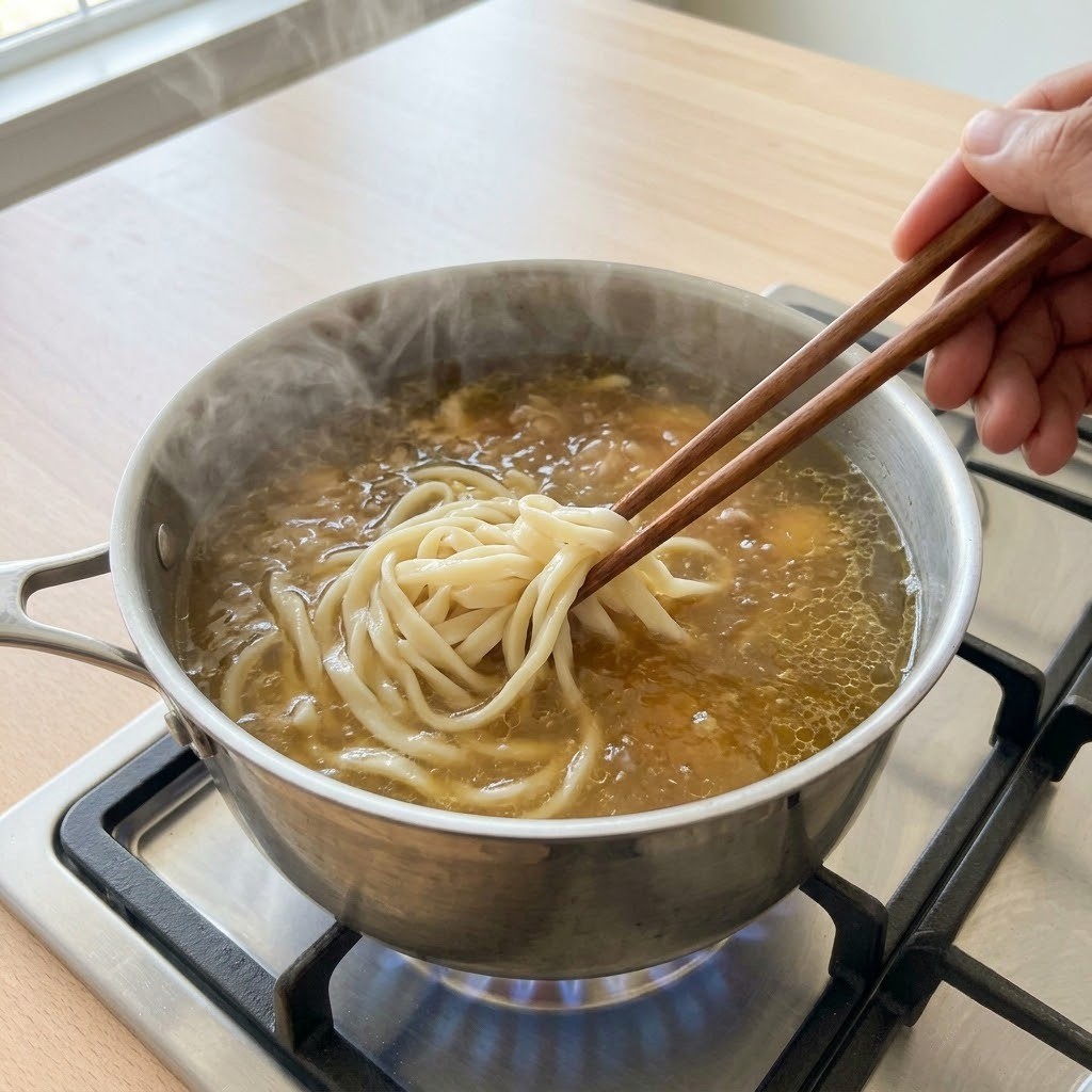 전분기 뺀 칼국수면 넣고 끓이기, 구운 닭칼 조리 5단계