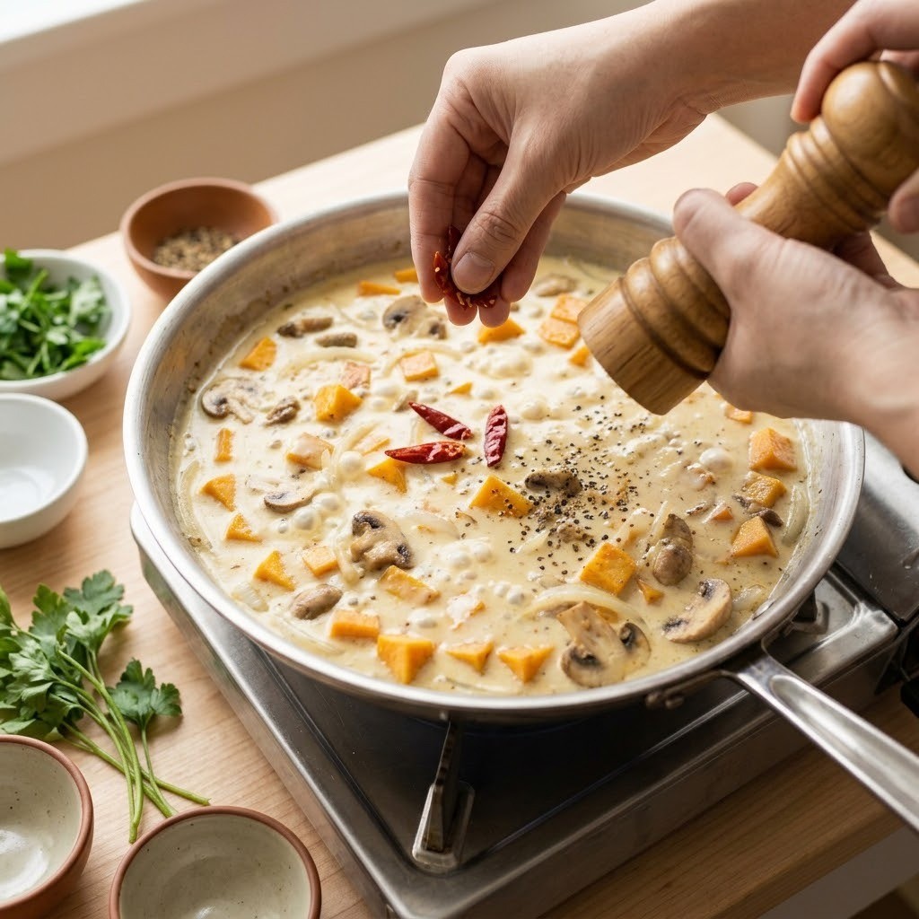페퍼론치노와 생파슬리를 올려 완성한 매콤하고 부드러운 고구마치킨크림스프 5단계