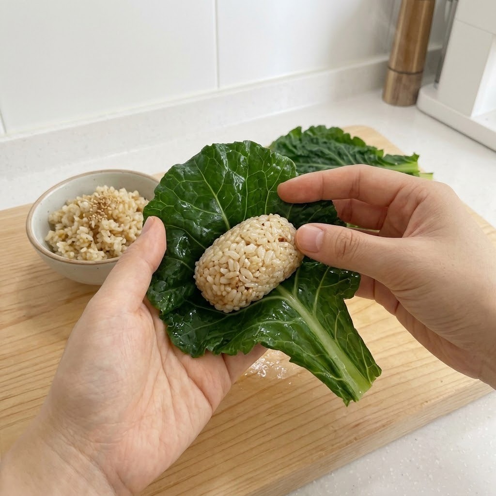 밑간한 밥을 데친 케일 잎으로 단단하고 둥글게 감싸는 과정, 5단계