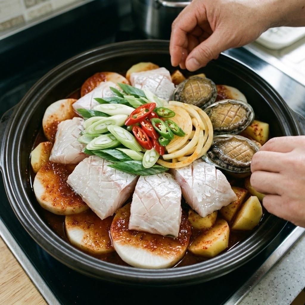 냄비 바닥에 채소 깔고 우럭과 양념 얹기, 우럭조림 만들기 4단계