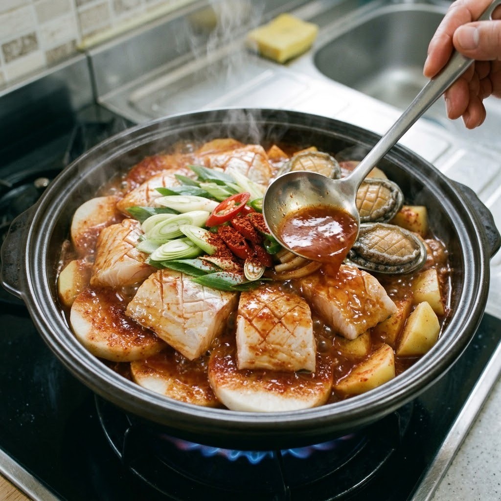 전복 넣고 중불에서 30분간 뭉근하게 조리기, 자연산 우럭조림 5단계