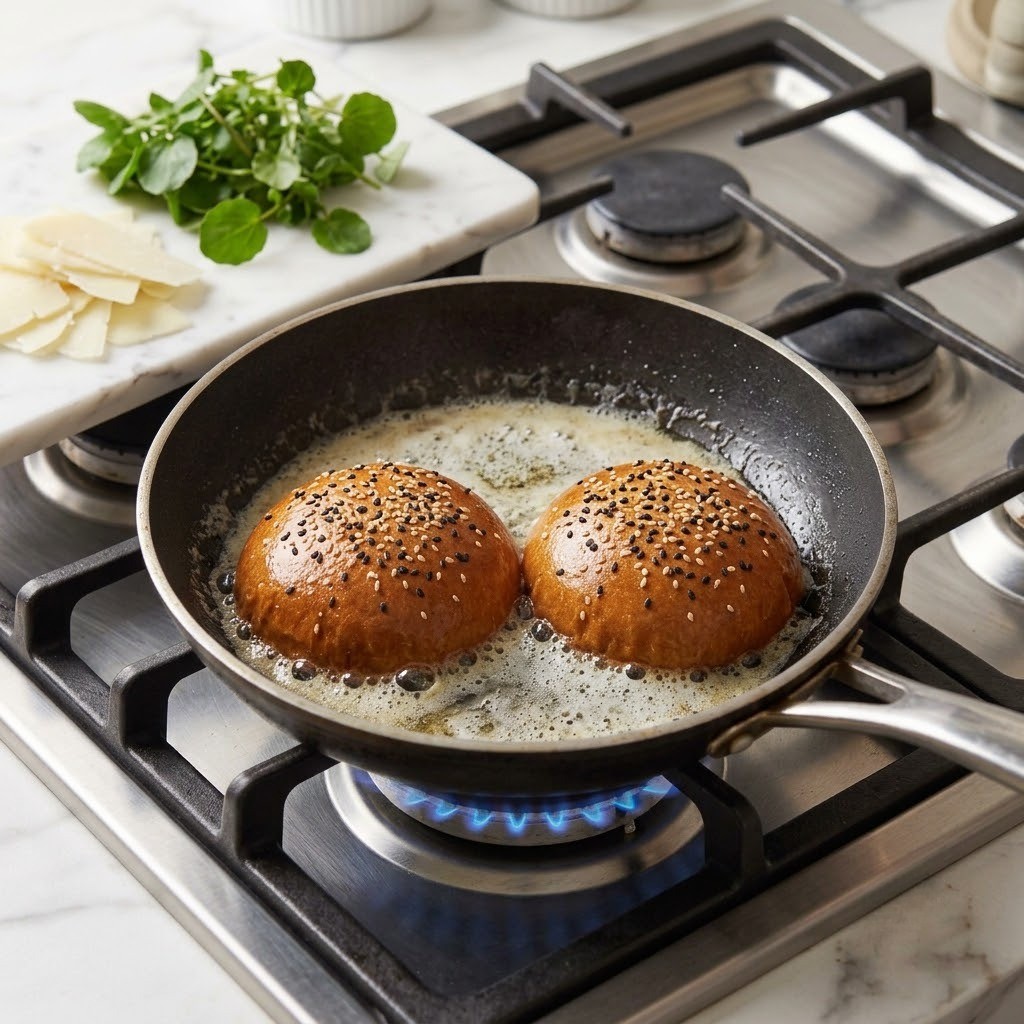 가염버터에 브리오슈 번 굽기 및 페코리노 치즈 슬라이스 손질, 정든 램지 버거 5단계