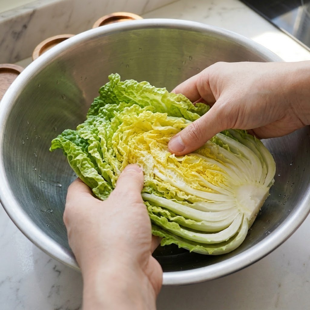 봄동 세척 및 가는소금 밑간 주무르기, 봄동 비빔밥 2단계