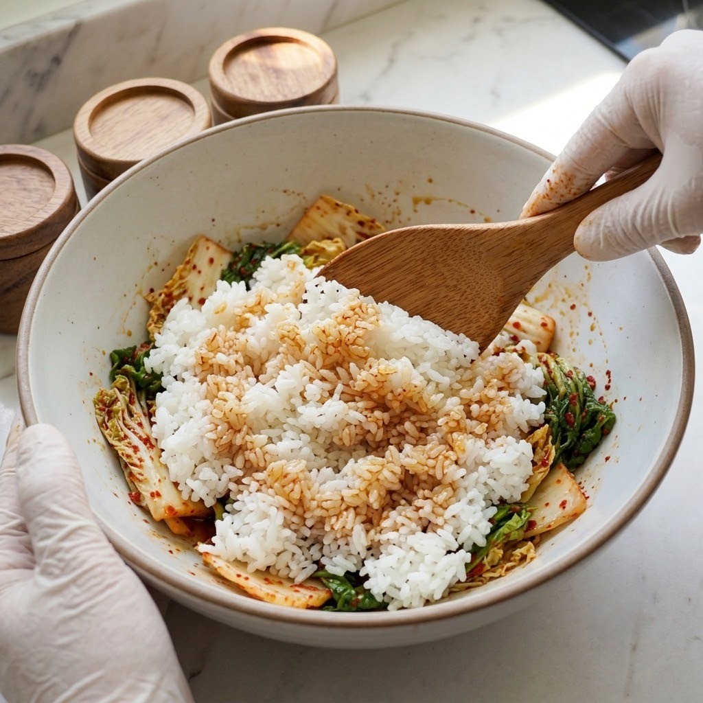 봄동 양념 무침 및 밥 버무리기, 봄동 비빔밥 3단계