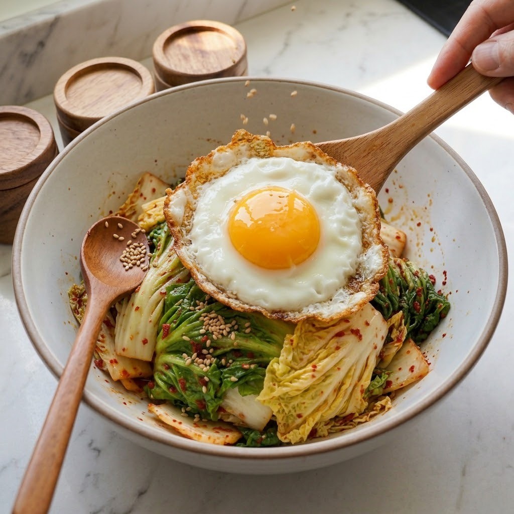 바삭 촉촉 달걀 프라이 얹어 비빔밥 완성하기, 봄동 비빔밥 4단계