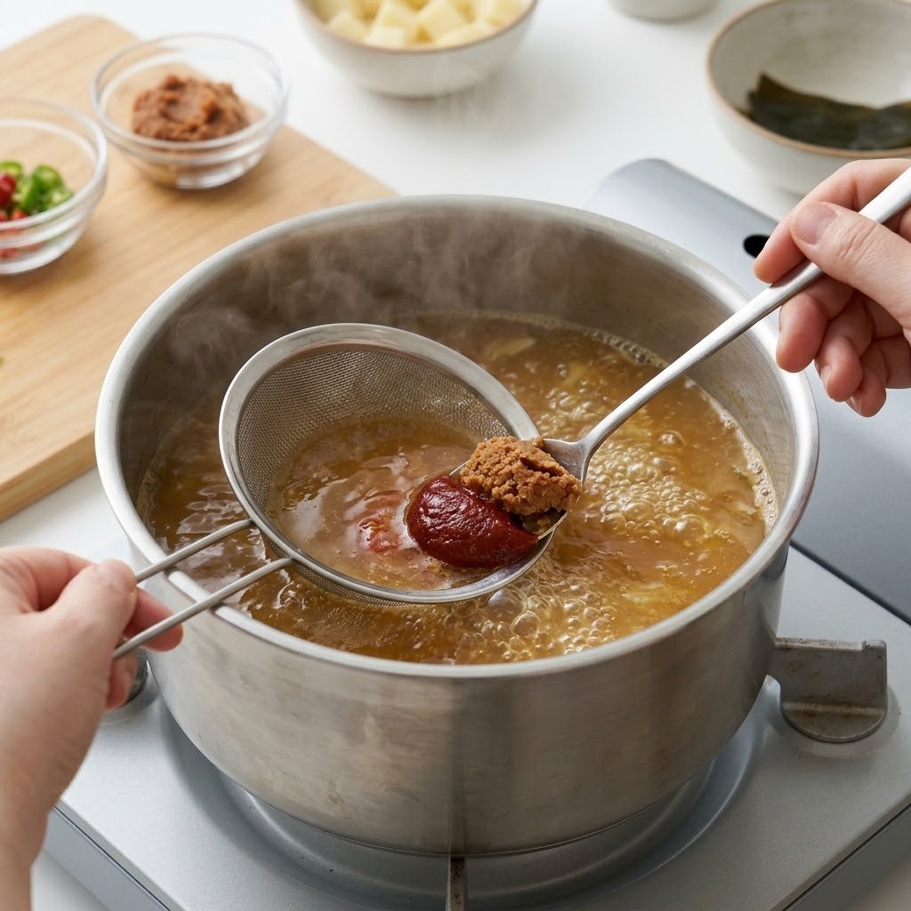 멸치 다시마 육수에 장 풀기, 볏짚 훈연 장칼국수 2단계