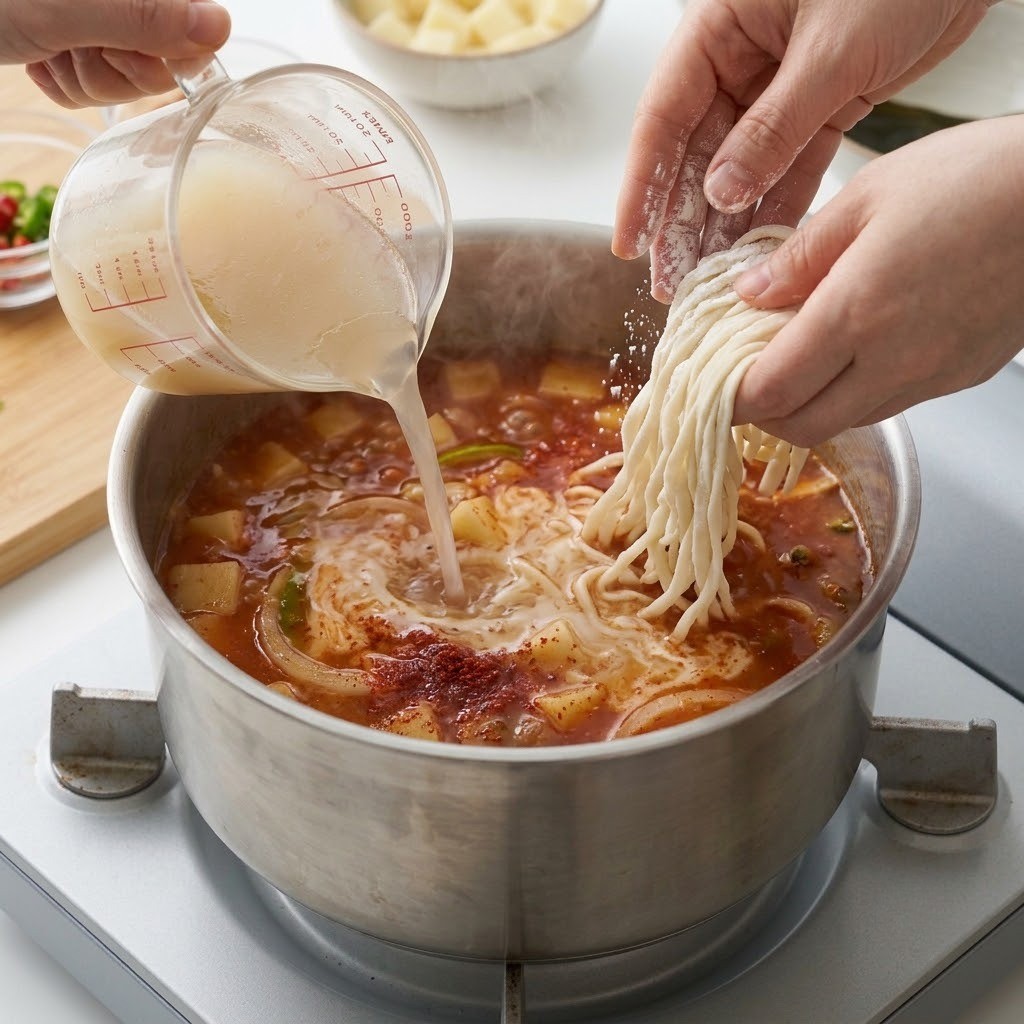곰탕 육수 넣고 칼국수면 끓이기, 볏짚 훈연 장칼국수 3단계