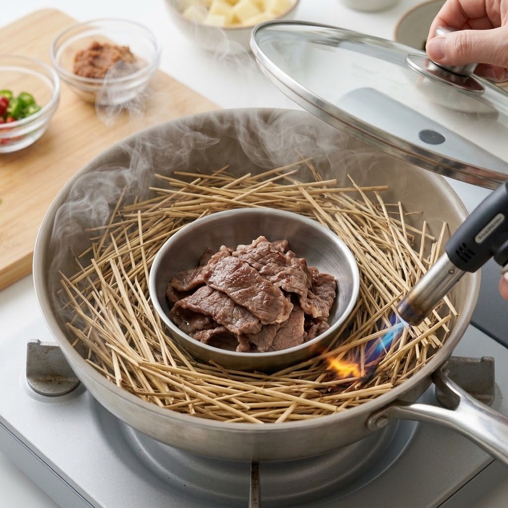 소고기 볏짚 훈연 구이 만들기, 볏짚 훈연 장칼국수 4단계
