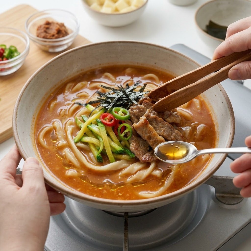 장칼국수 고명 세팅 및 완성, 볏짚 훈연 장칼국수 5단계