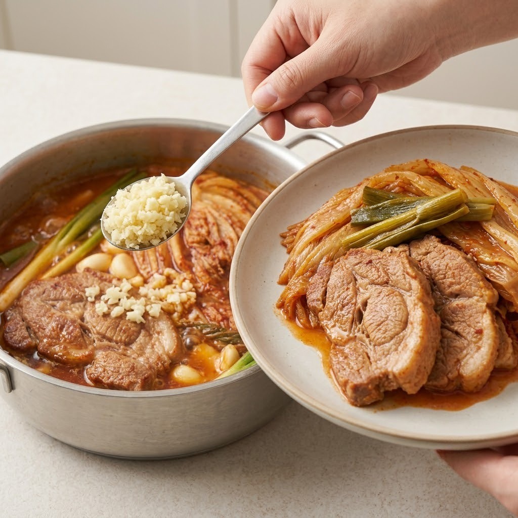 다진 마늘 넣고 5분 뜸들인 후 푸짐하게 플레이팅, 류수영 김치찜 만들기 4단계