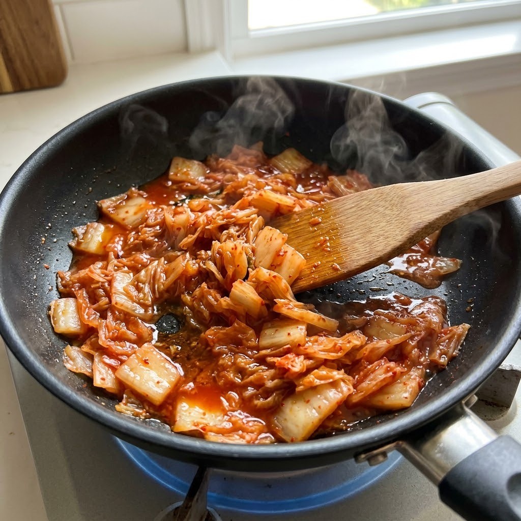 참기름에 맛김치와 참치액젓 볶기, 수란 김치죽 만들기 1단계