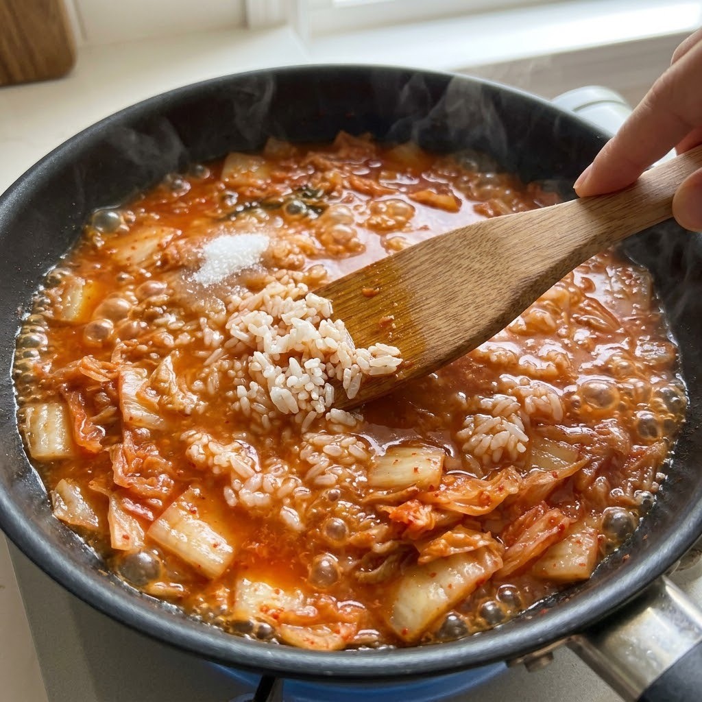 즉석밥과 물을 넣고 10분간 끓이기, 수란 김치죽 만들기 2단계