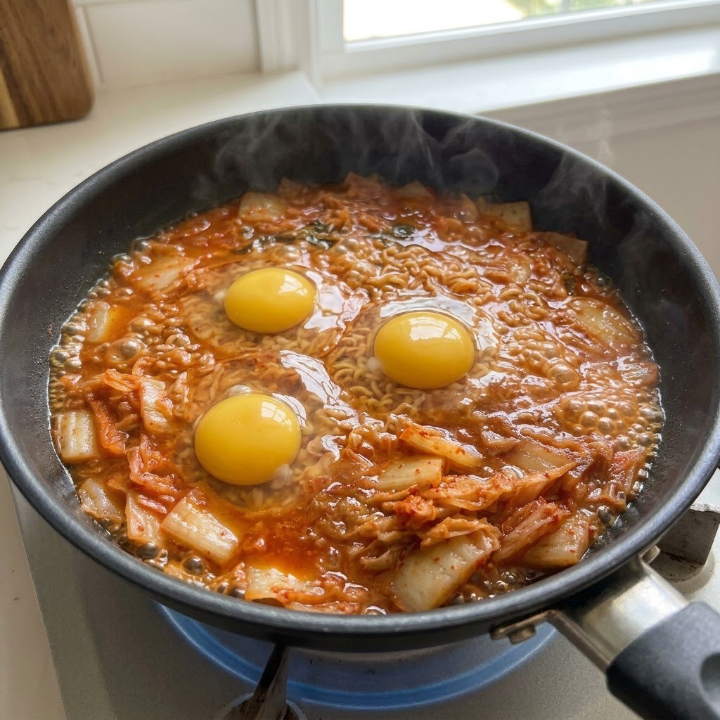 달걀을 넣고 뚜껑 덮어 수란 뜸 들이기, 수란 김치죽 만들기 3단계