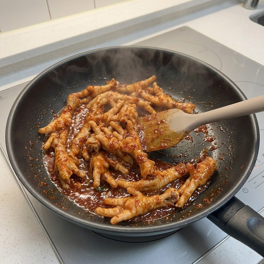 팬에 고추기름을 두르고 밑간한 닭발에 양념장을 넣어 볶는 과정, 빨간 닭발 4단계