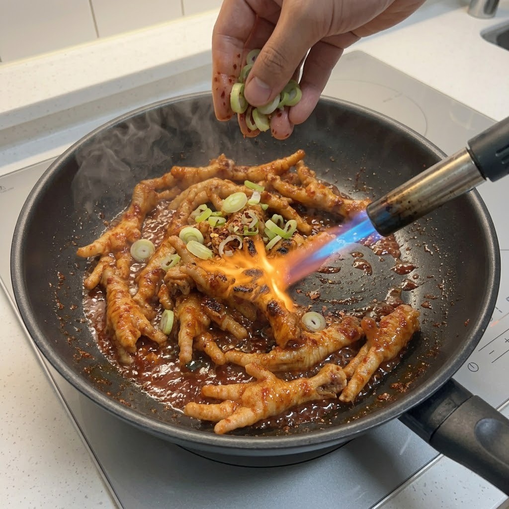화유를 두르고 토치로 화끈한 불맛을 입혀 대파 고명을 올리는 빨간 닭발 완성 5단계