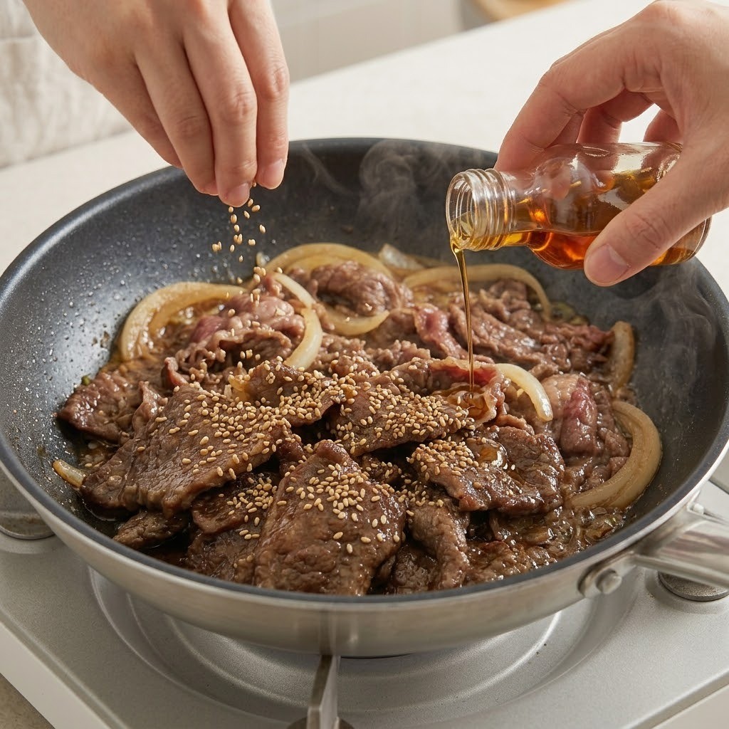 불을 끄고 참기름과 통깨를 둘러 마무리하는 갈배불고기 5단계