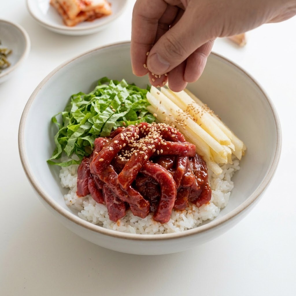 그릇에 담아 완성한 고추장 육회 비빔밥, 4단계