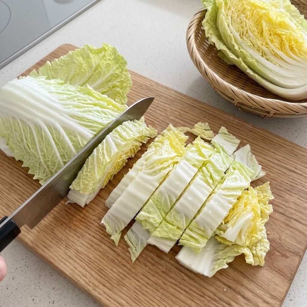 알배기 배추 먹기 좋은 크기로 썰기, 달걀 겉절이 만들기 2단계