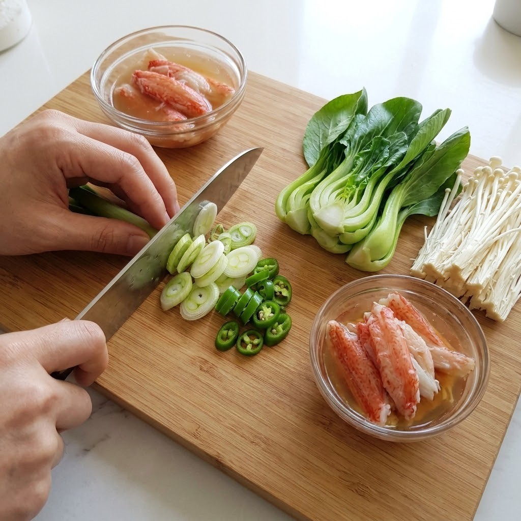 채소 손질과 청경채 데치기, 꼬꼬 수제비 만들기 2단계