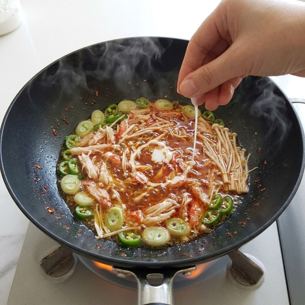 파기름에 홍게살 볶고 육수 끓이기, 꼬꼬 수제비 만들기 5단계