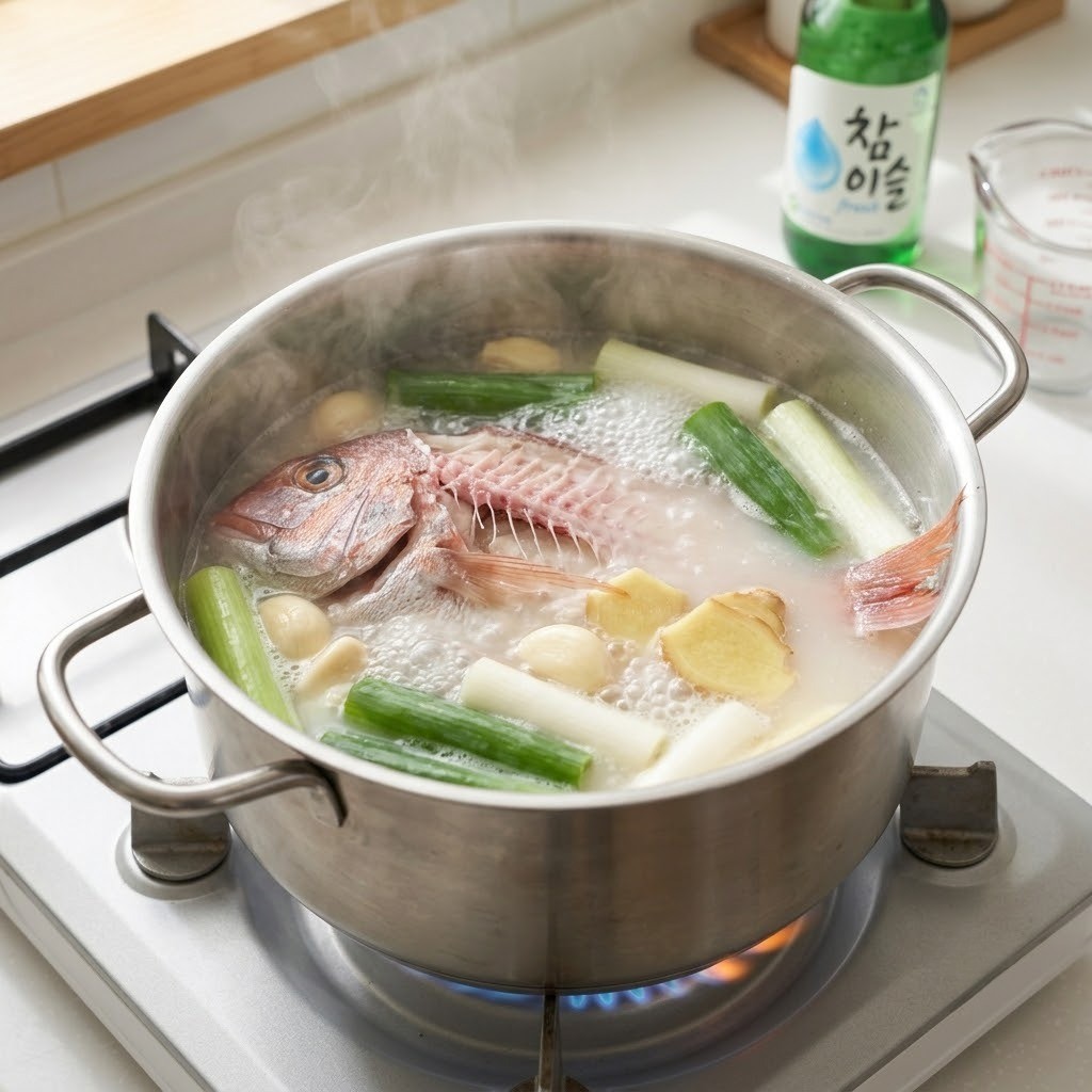 참돔 뼈와 향신채를 3시간 푹 끓여 뽀얗게 우려내기, 참돔 맑은탕 만들기 2단계