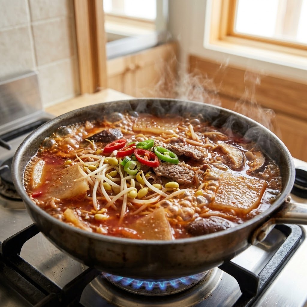 얼큰 양념과 채소를 넣고 푹 끓이기, 경상도식 얼큰 소고기 뭇국 4단계