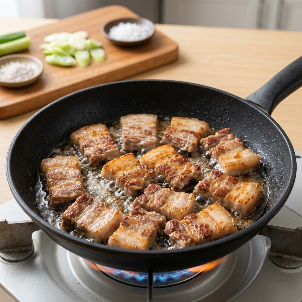 삼겹살 굽기 및 대파 손질, 류수영 꼬기된장 만들기 1단계