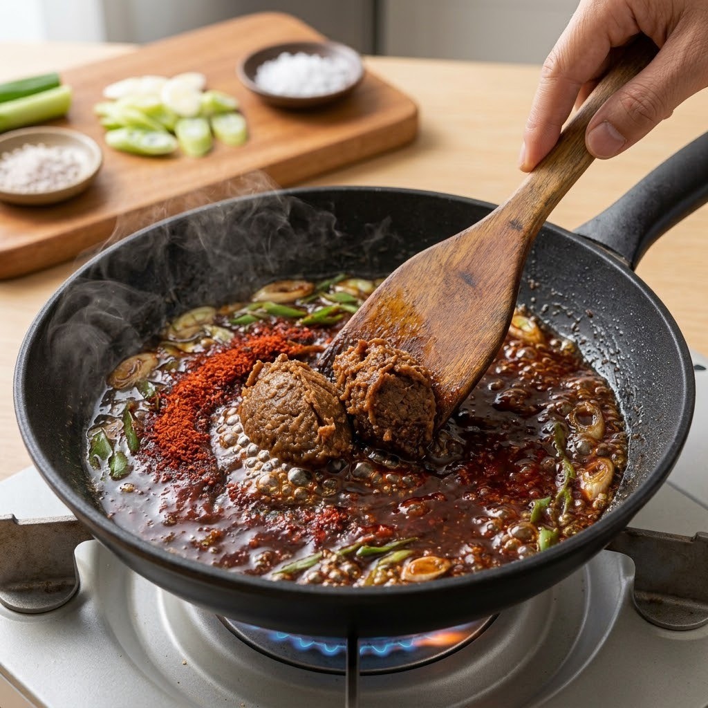고춧가루와 된장 볶아 불향 내기, 류수영 꼬기된장 만들기 3단계