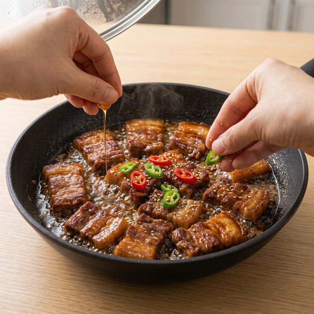 다진 마늘 넣고 뜸 들이기 및 고명 얹기, 류수영 꼬기된장 만들기 5단계