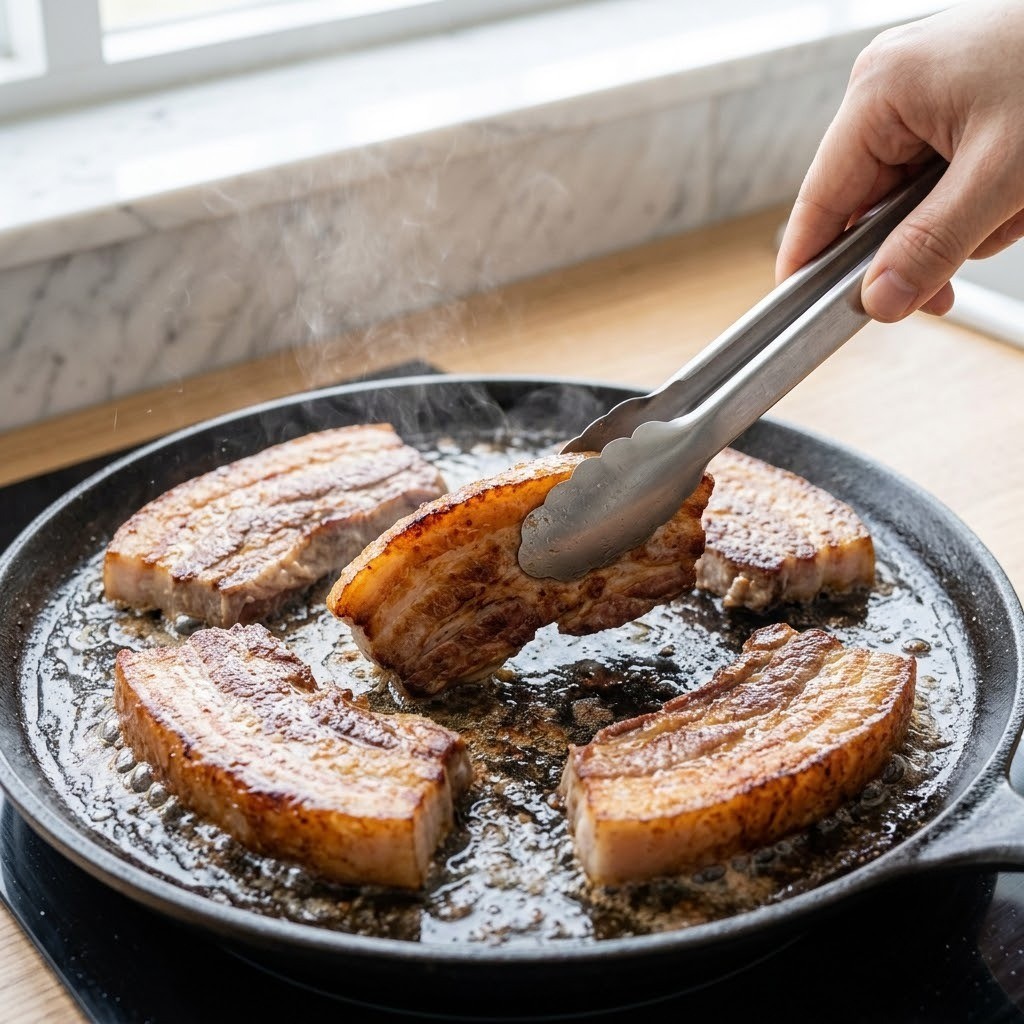 삶은 통삼겹살을 팬에 노릇하게 굽기, 매운 궁중 삼겹 4단계