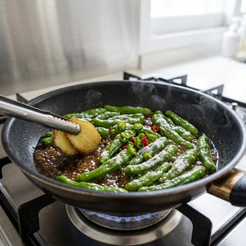 전분을 입힌 꽈리고추를 간장 소스에 넣고 끓여 꽈리간장 소스를 완성하는 모습