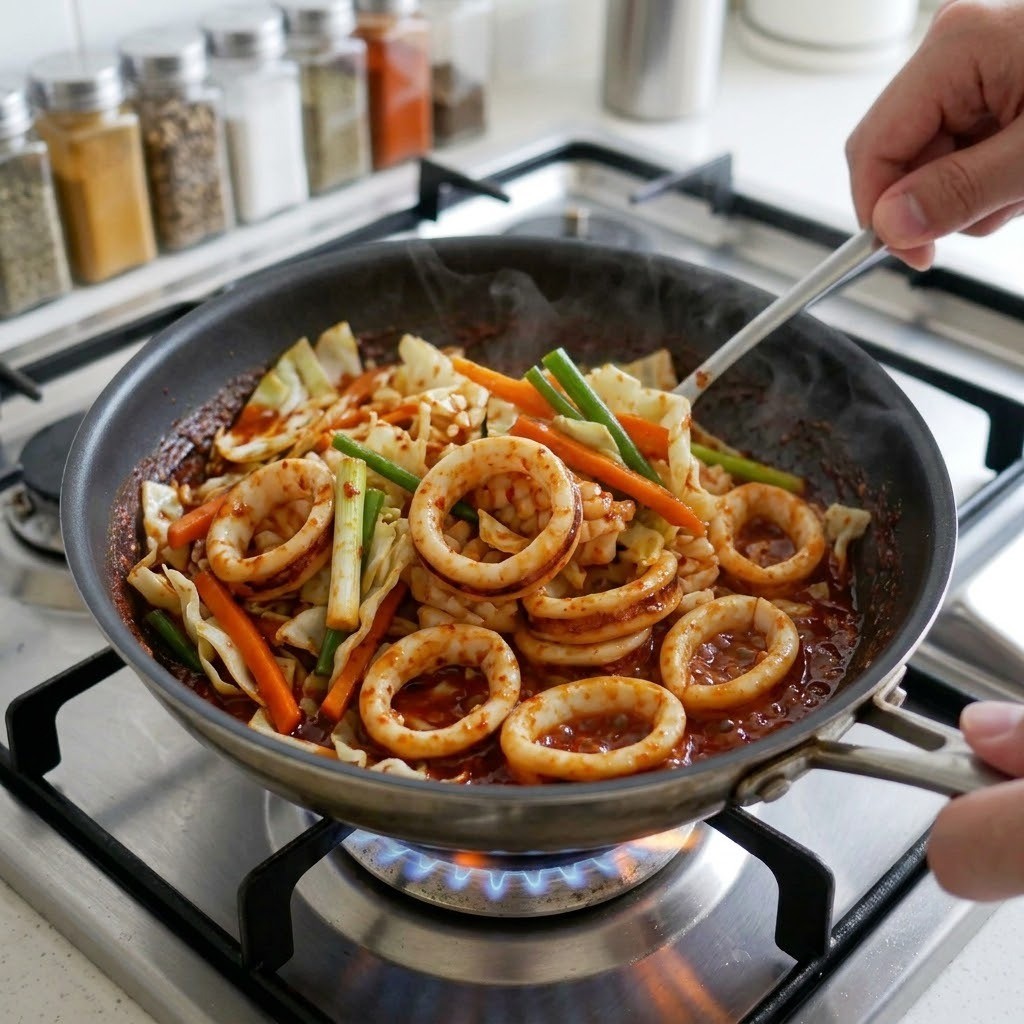 칼집 낸 무늬오징어와 채소를 볶음고추장에 볶기, 무늬오징어 먹물 파에야 2단계