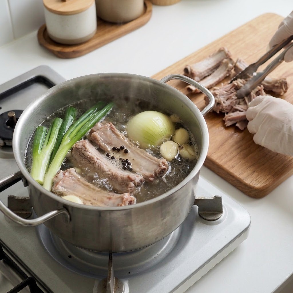 돼지갈비 핏물 빼고 푹 삶아 뼈 분리하기, 진또갈비 만들기 2단계