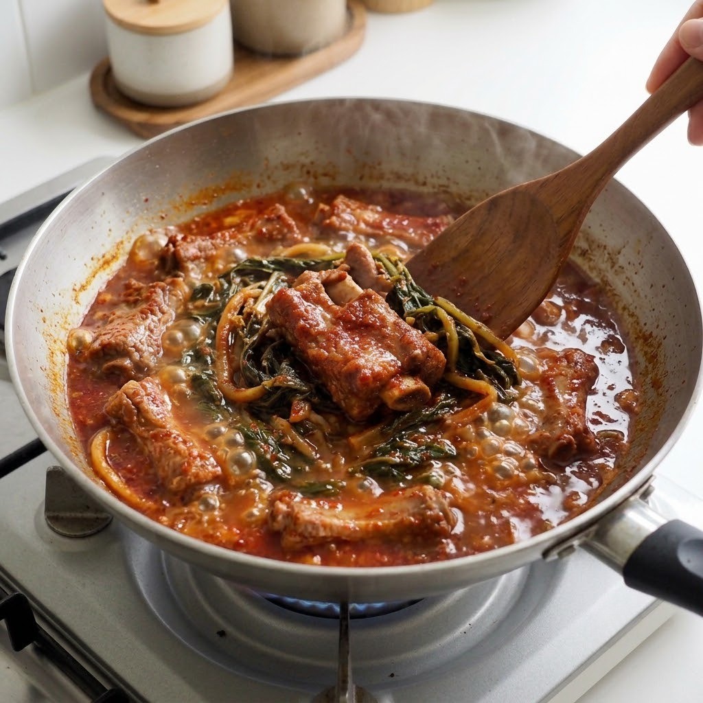 돼지고기 살코기와 시래기 매콤 양념 넣고 볶기, 진또갈비 조리 4단계