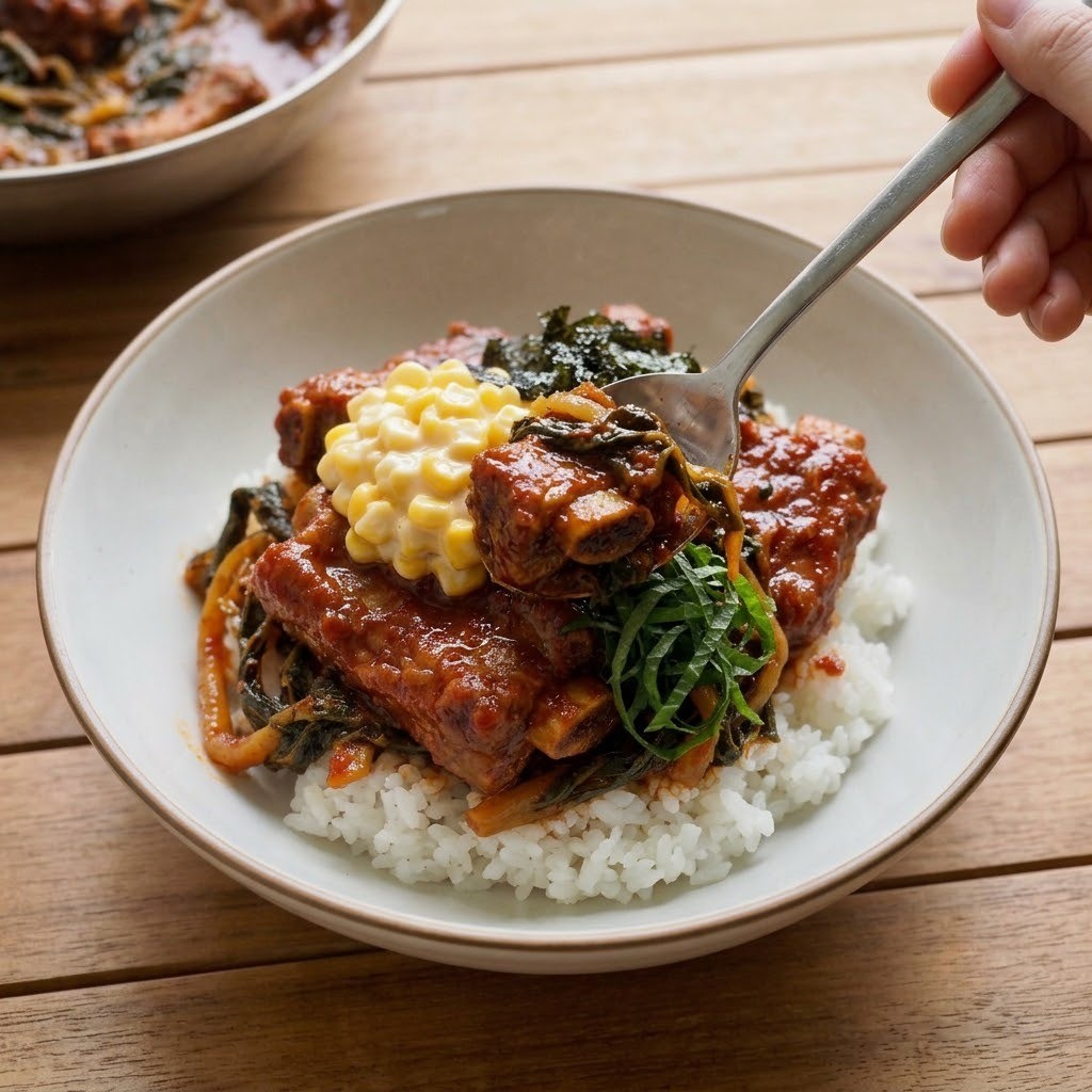 밥 위에 진또갈비와 옥수수 마요 올려 플레이팅, 진또갈비 덮밥 6단계