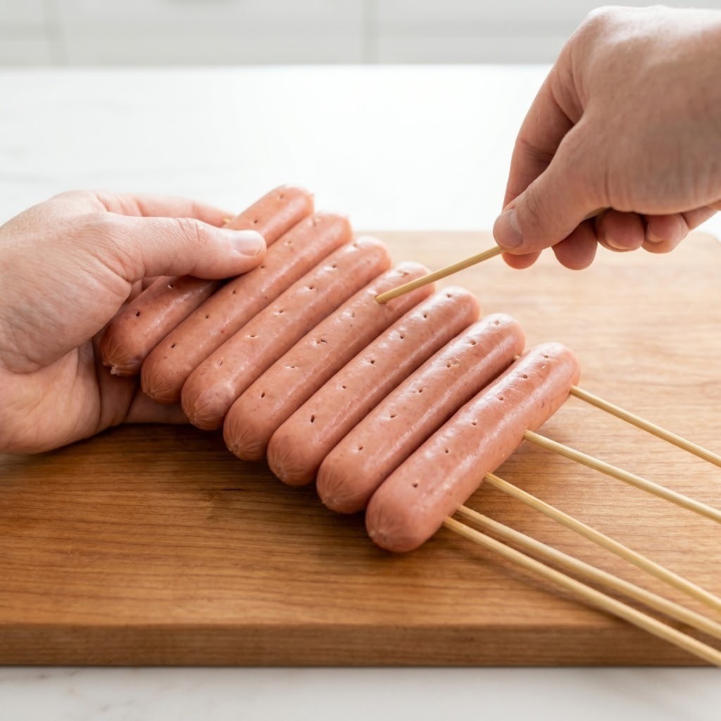 소세지에 구멍 뚫고 꼬치에 나란히 꿰기, 소세지 등갈비 밑준비 2단계