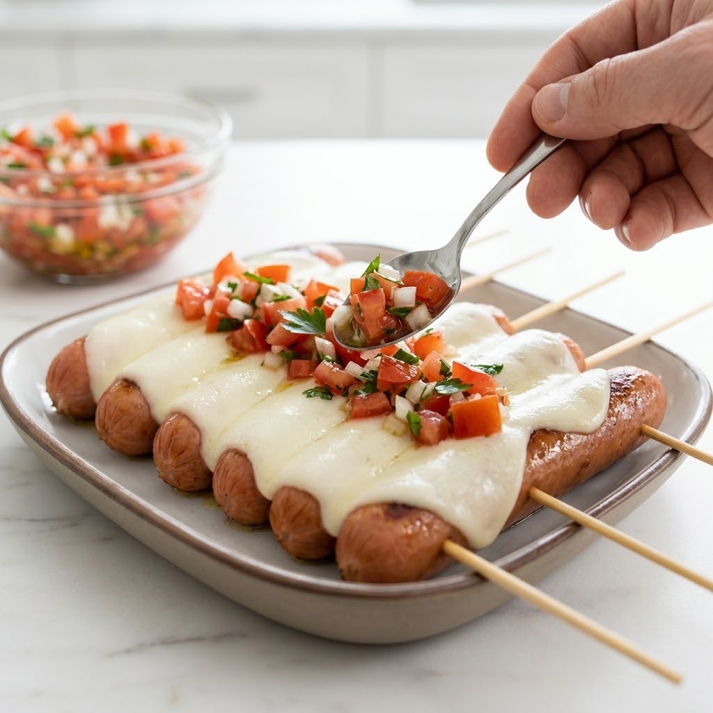 모차렐라 치즈 녹인 소세지 위에 살사 소스 올리기, 소세지 등갈비 완성 4단계