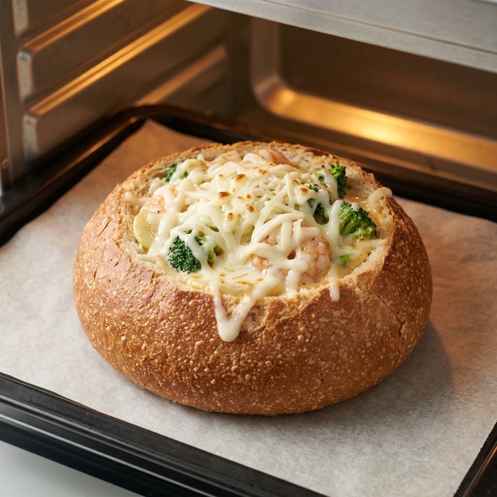 빠네 빵에 소스와 모짜렐라 치즈 채워 굽기, 치즈 폭포 새우 빠네 4단계