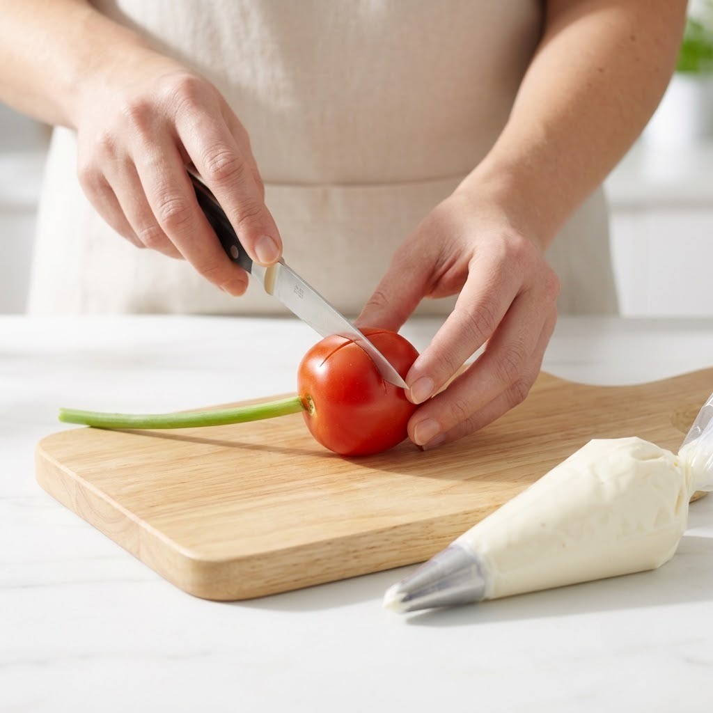 대추토마토 십자 칼집 내기와 크림치즈 준비, 튤립 토마토 2단계