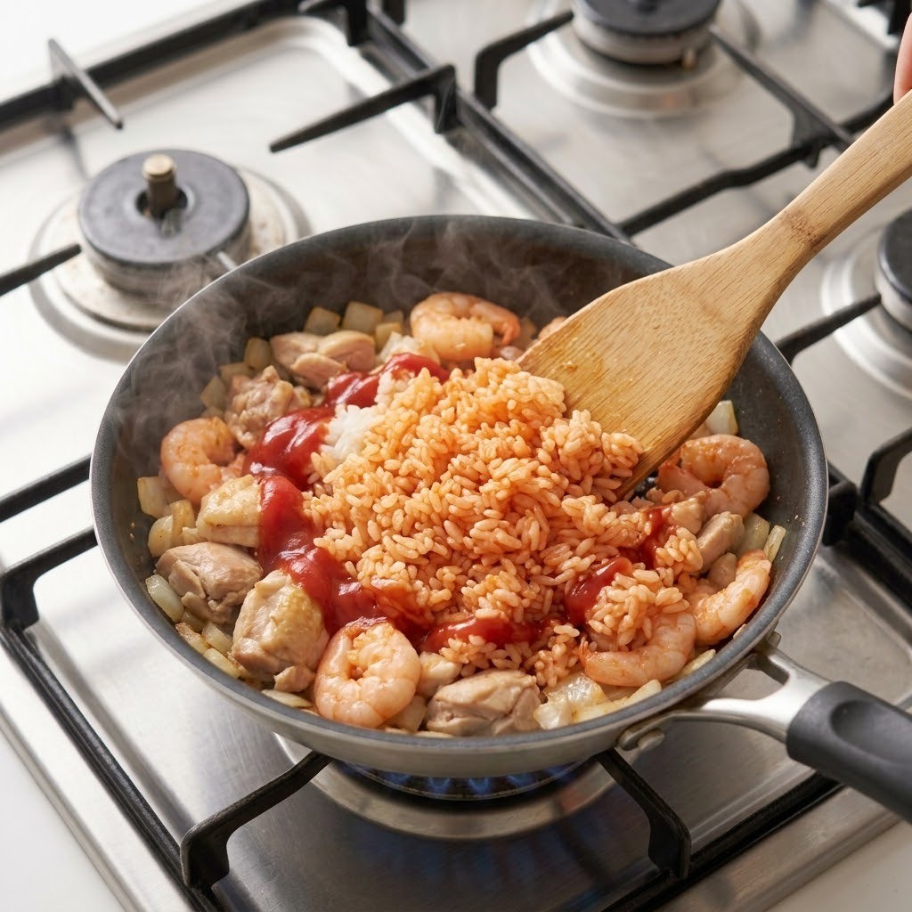 닭 안심과 새우 케첩 버터밥 볶아내기, 치킨 도리아 만들기 4단계