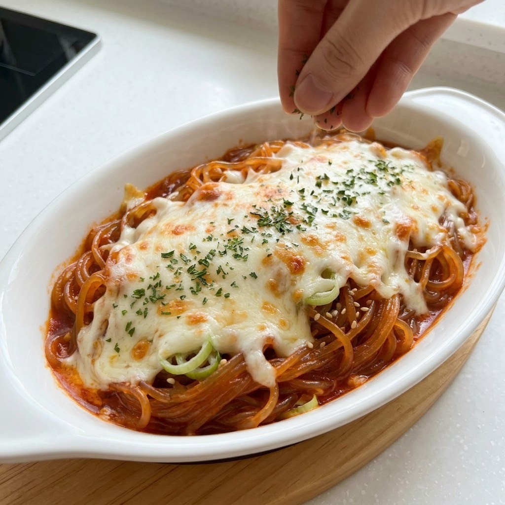 모차렐라 치즈를 녹여 파슬리를 뿌린 빨간 잡채 그라탕 완성