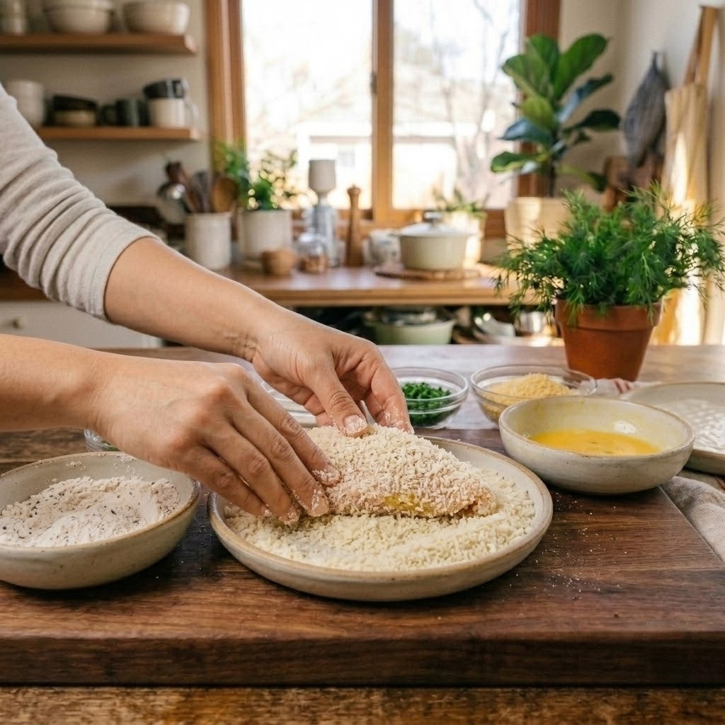 밀가루 달걀물 빵가루 더블 코팅 과정, 부추버터치킨 만들기 4단계