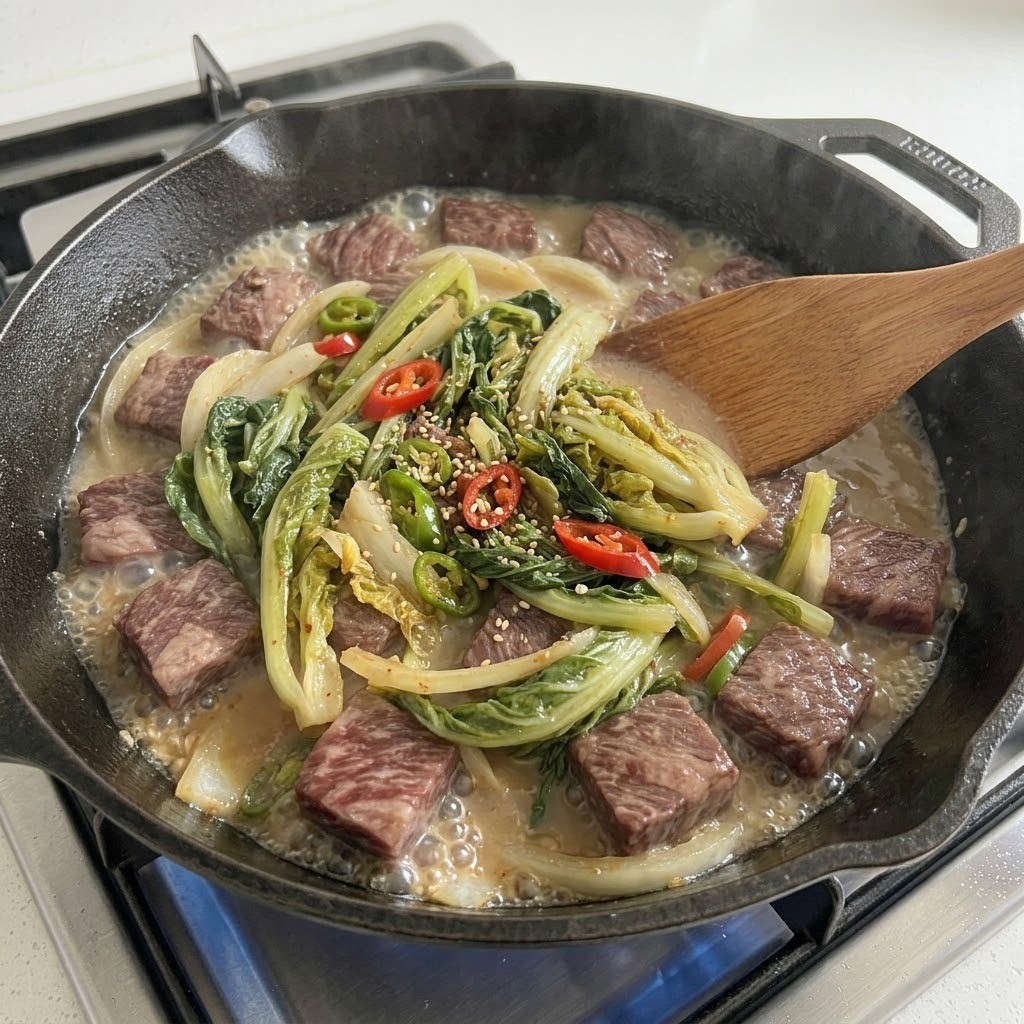 곰탕 육수를 붓고 자작하게 졸여 통깨 뿌려 완성, 우거지 된장 지짐이 5단계