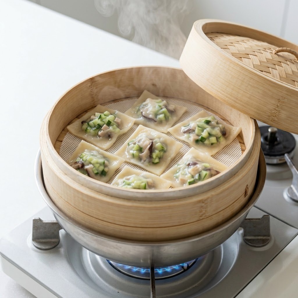 김 오른 찜기에 편수 만두 6분간 찌기, 편스토랑 이찬원 레시피 4단계