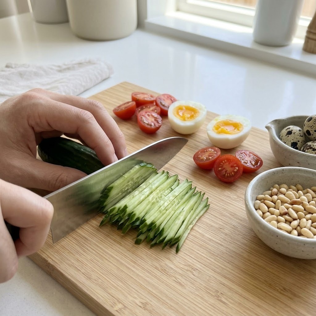 오이와 방울토마토 고명 손질, 차예련 트러플 잣국수 2단계