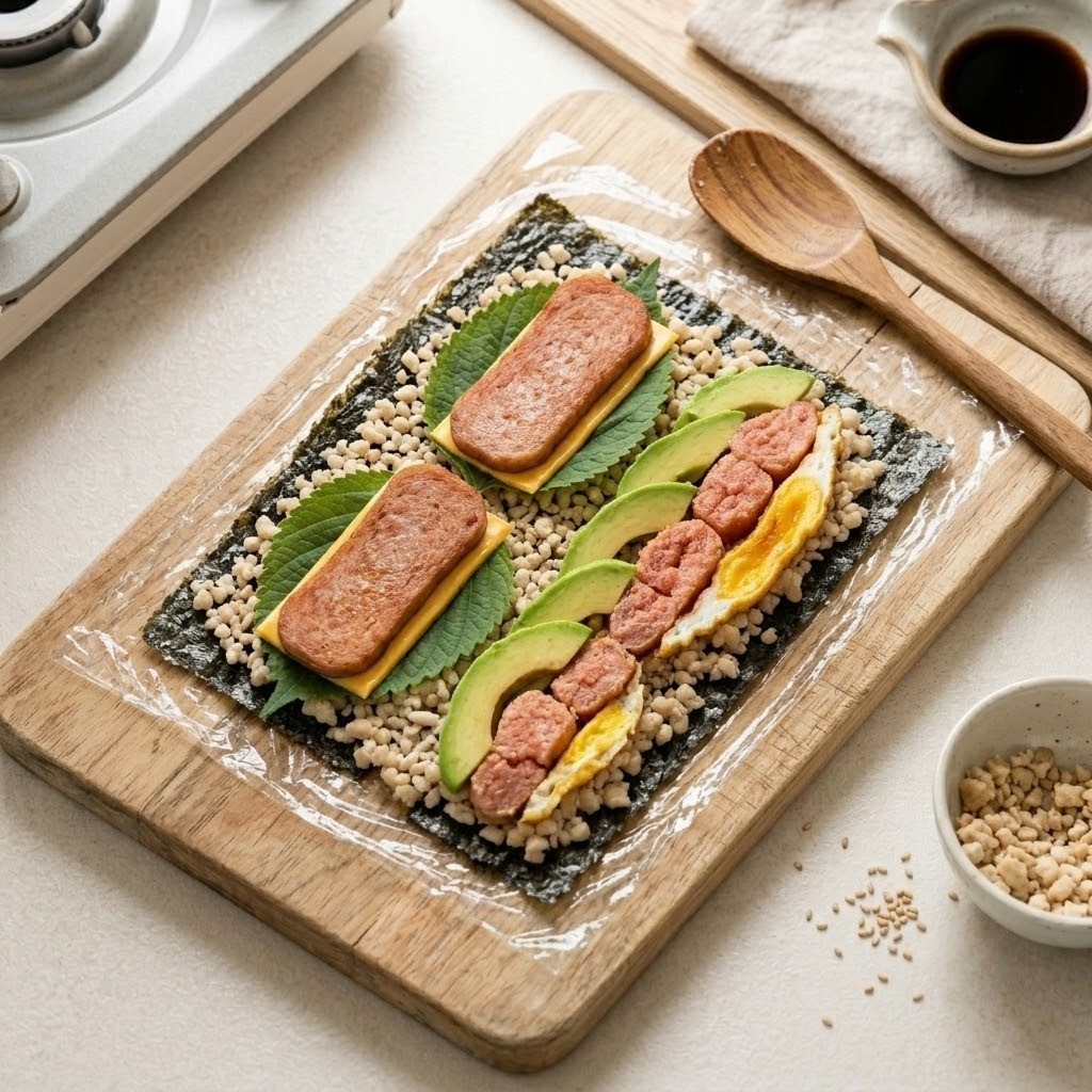 스팸 치즈와 명란 아보카도 토핑 올리기, 김밥샌드 2종 만들기 4단계