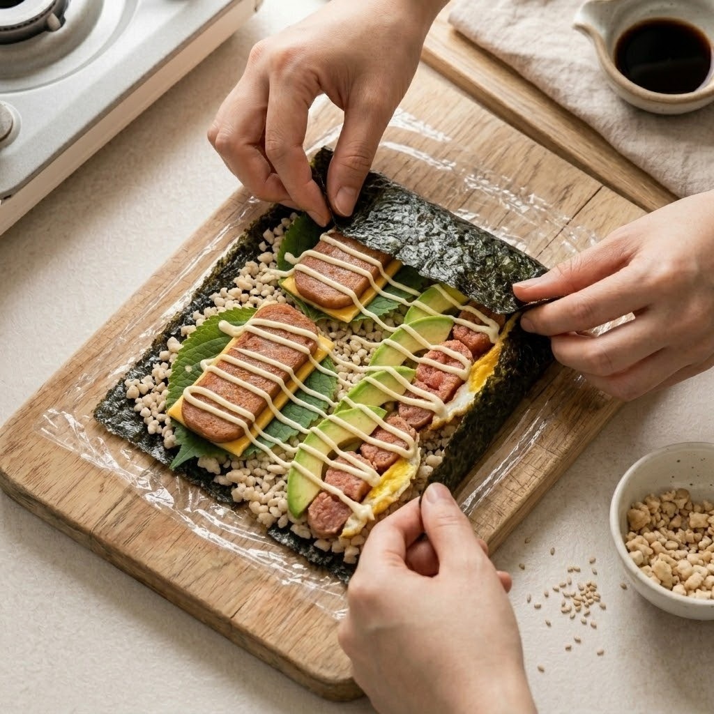 마요네즈 바르고 위로 말아 접기, 김밥샌드 2종 만들기 5단계