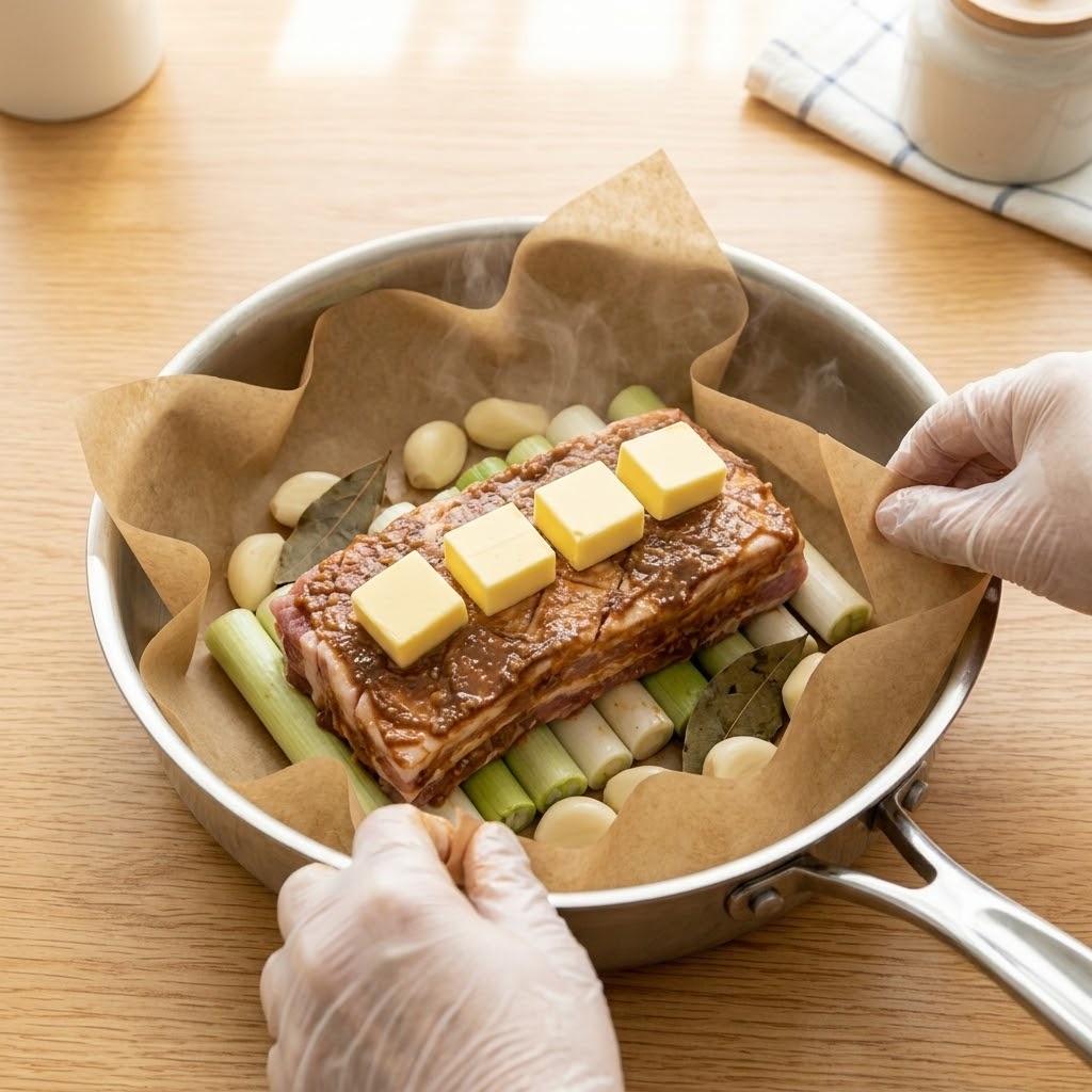 종이호일에 대파와 버터를 올려 중불에서 40분간 찌기, 된장 버터 수육 만들기